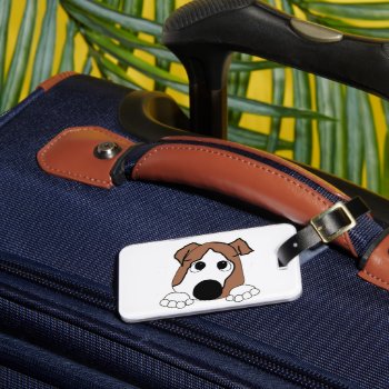 Bulldog Red And White Peeking Cartoon Luggage Tag by BreakoutTees at Zazzle