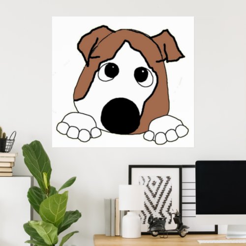 bulldog red and white peeking cartoon poster