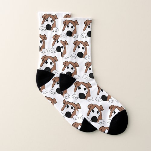 bulldog red and white peeking cartoon socks