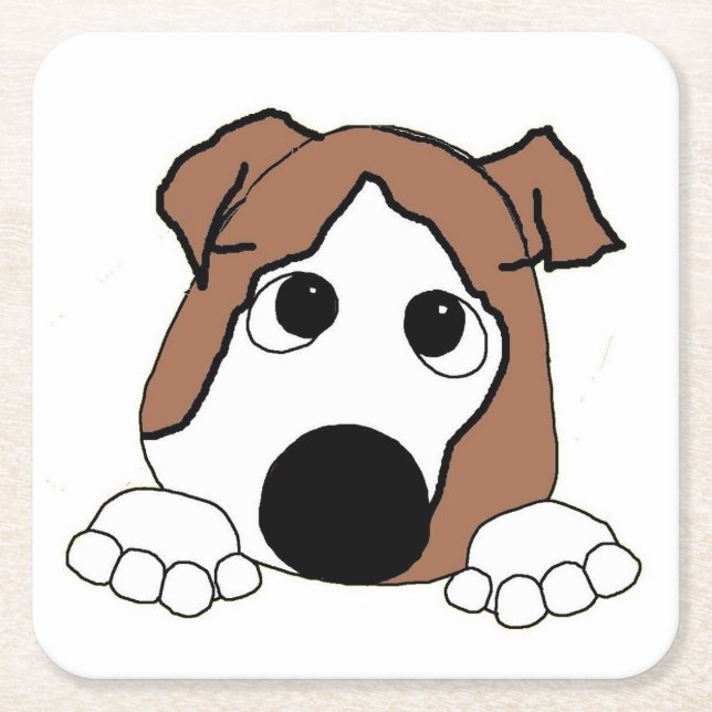 bulldog red and white peeking cartoon square paper coaster (Front)