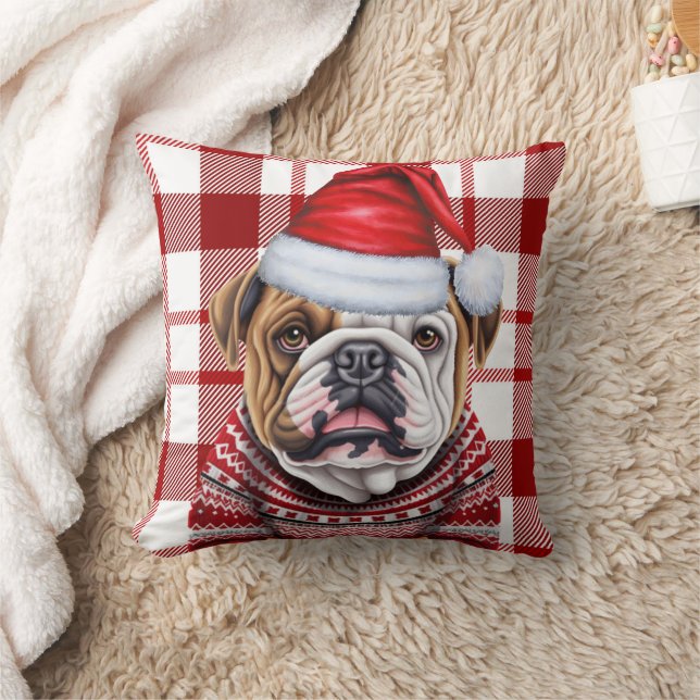 Bulldog Red and White Plaid Christmas Holiday Throw Pillow (Blanket)