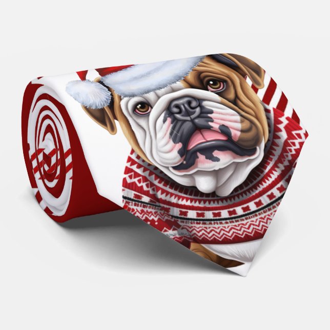 Bulldog Red and White Plaid Christmas Neck Tie (Rolled)