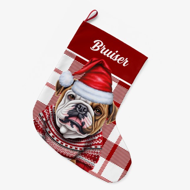 Bulldog Red and White Plaid Personalized Large Christmas Stocking (Front (Hanging))