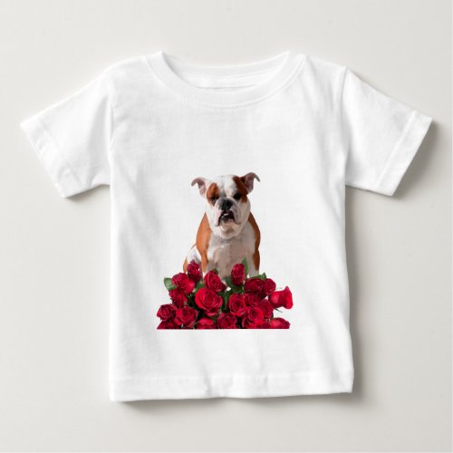 Bulldog Red Roses Bloom Birthday Anniversary Baby T_Shirt