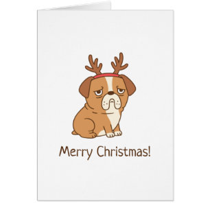 Bulldog Reindeer Antlers Merry Christmas Greeting Cards