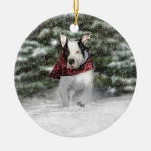 Bulldog Rescue Pup Dashing through the Snow Ceramic Ornament