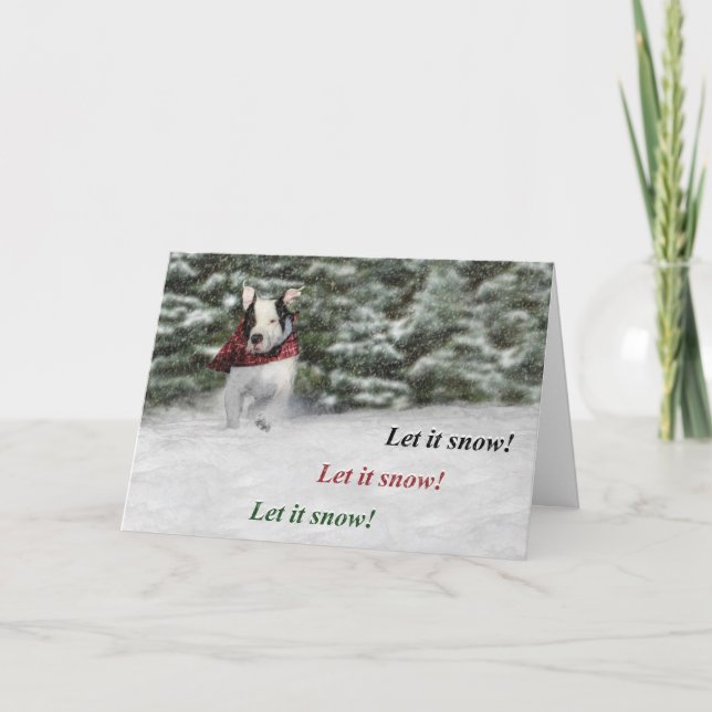 Bulldog Rescue Pup Dashing through the Snow Holiday Card (Front)