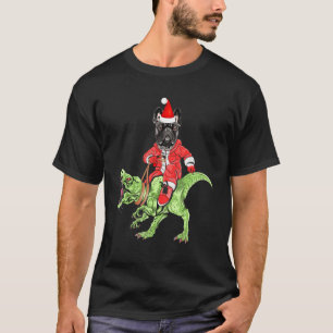 Bulldog Riding Dinosaur T Rex Christmas Tree Santa T-Shirt