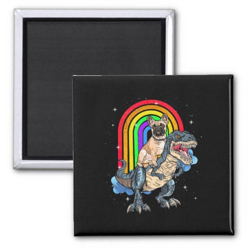 Bulldog Riding Dinosaur T Rex Rainbow  Magnet