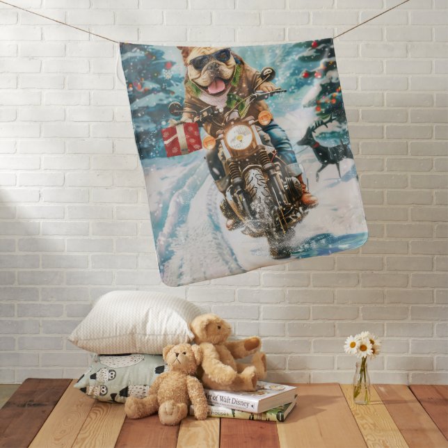 Bulldog Riding Motorcycle Christmas Baby Blanket (In Situ)