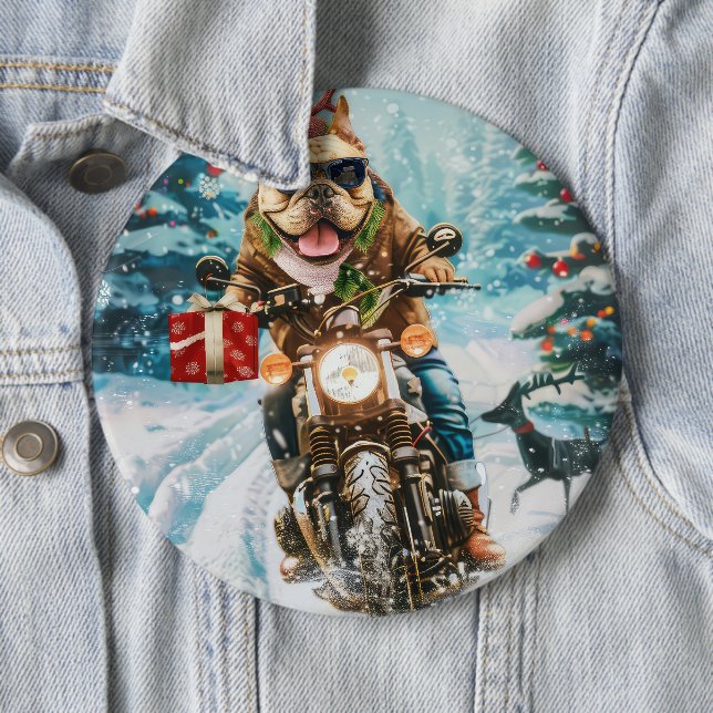 Bulldog Riding Motorcycle Christmas Button (In Situ)