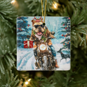 Bulldog Riding Motorcycle Christmas Ceramic Ornament