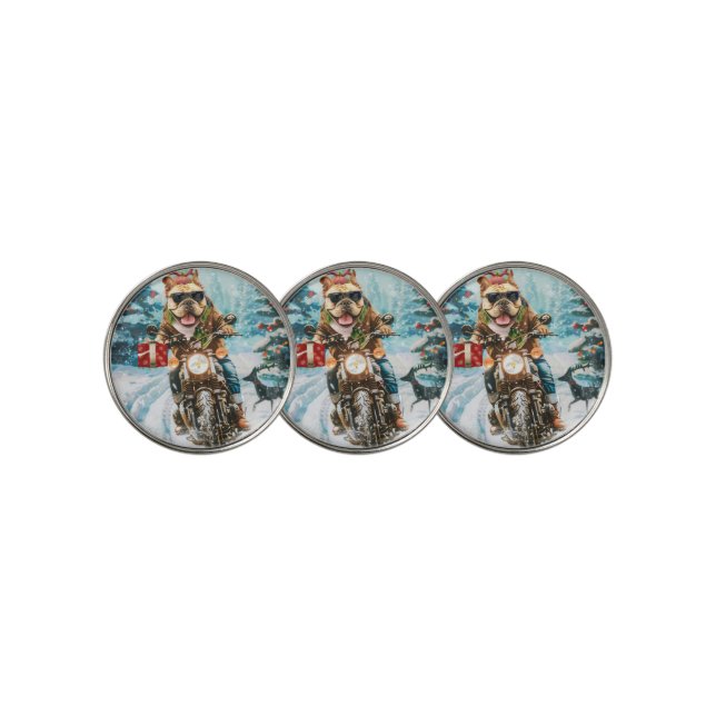 Bulldog Riding Motorcycle Christmas Golf Ball Marker (3 Up)