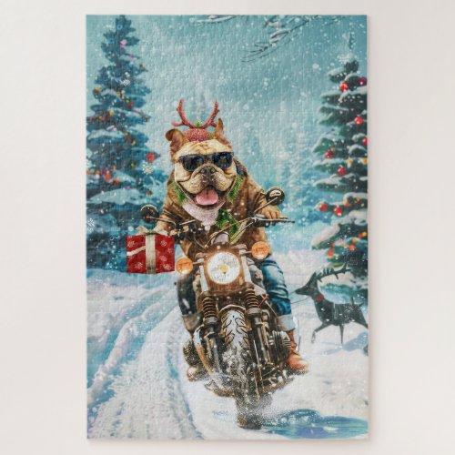 Bulldog Riding Motorcycle Christmas Jigsaw Puzzle