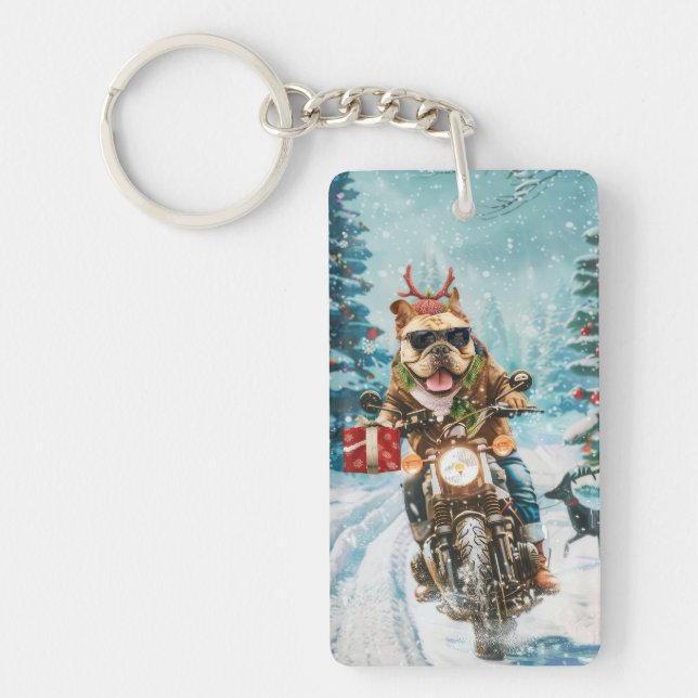 Bulldog Riding Motorcycle Christmas Keychain (Front)