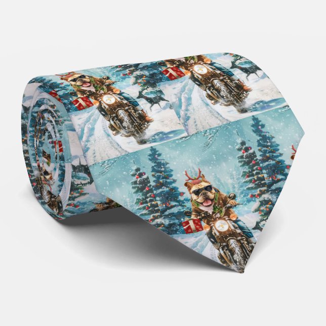 Bulldog Riding Motorcycle Christmas Neck Tie (Rolled)
