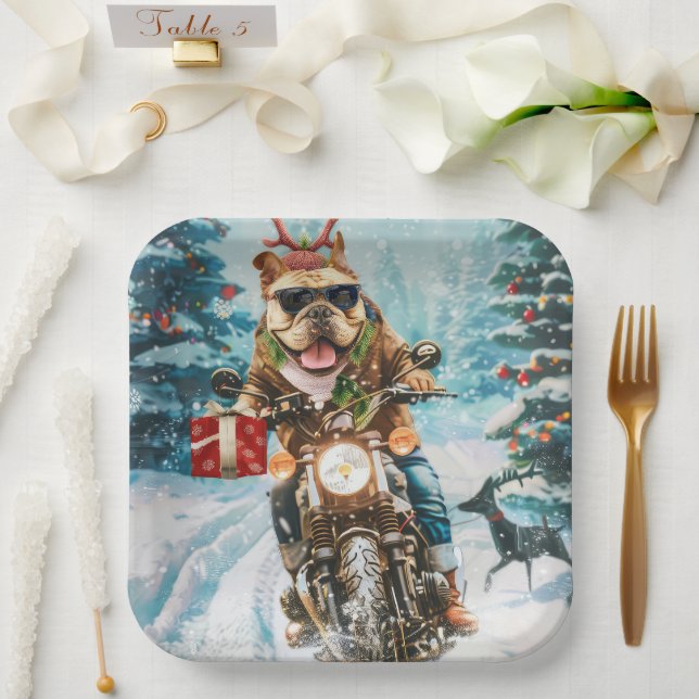 Bulldog Riding Motorcycle Christmas Paper Plates (Wedding)