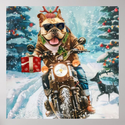 Bulldog Riding Motorcycle Christmas Poster