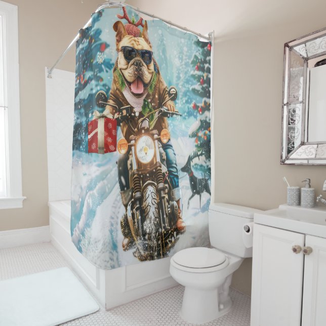 Bulldog Riding Motorcycle Christmas Shower Curtain (In Situ)