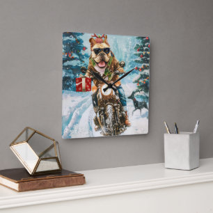 Bulldog Riding Motorcycle Christmas Square Wall Clock