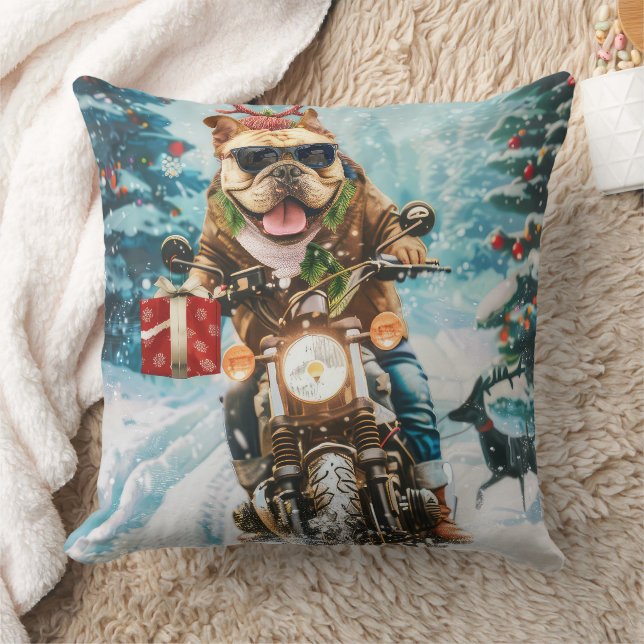 Bulldog Riding Motorcycle Christmas Throw Pillow (Blanket)