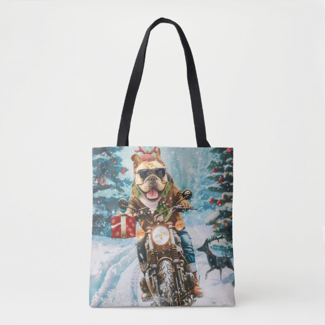 Bulldog Riding Motorcycle Christmas Tote Bag (Front)