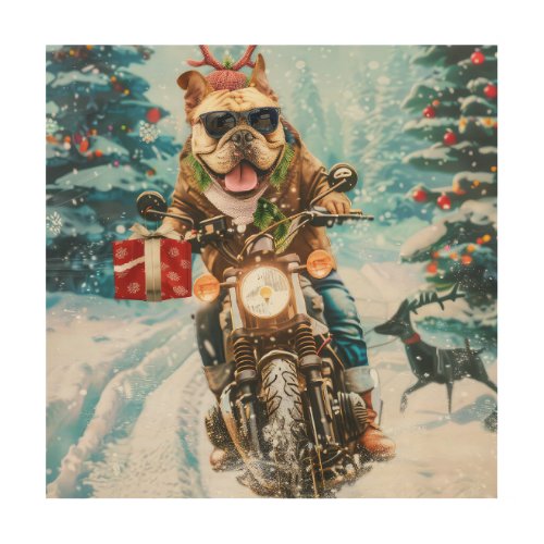 Bulldog Riding Motorcycle Christmas Wood Wall Art