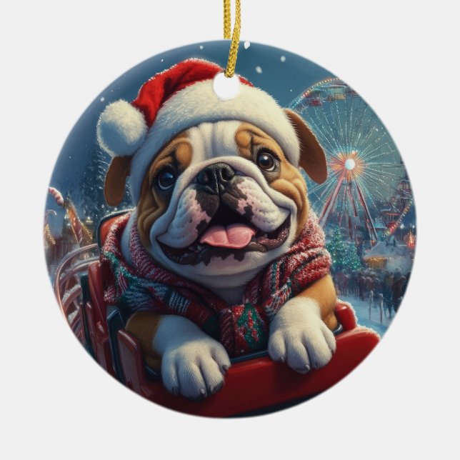Bulldog Roller Coaster Christmas Ceramic Ornament (Front)