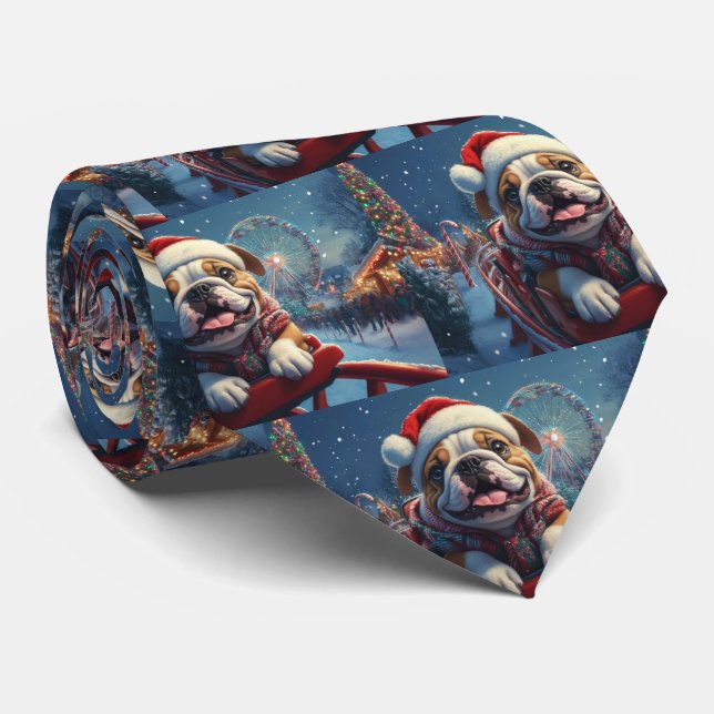 Bulldog Roller Coaster Christmas Neck Tie (Rolled)