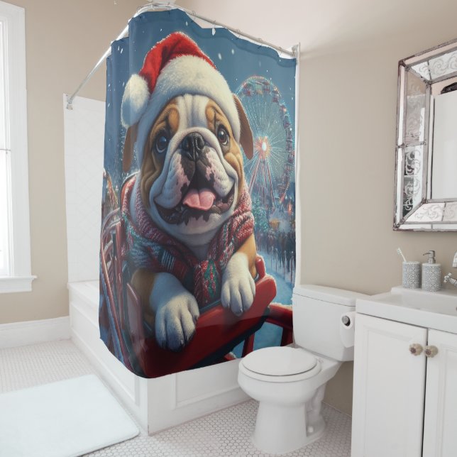 Bulldog Roller Coaster Christmas Shower Curtain (In Situ)