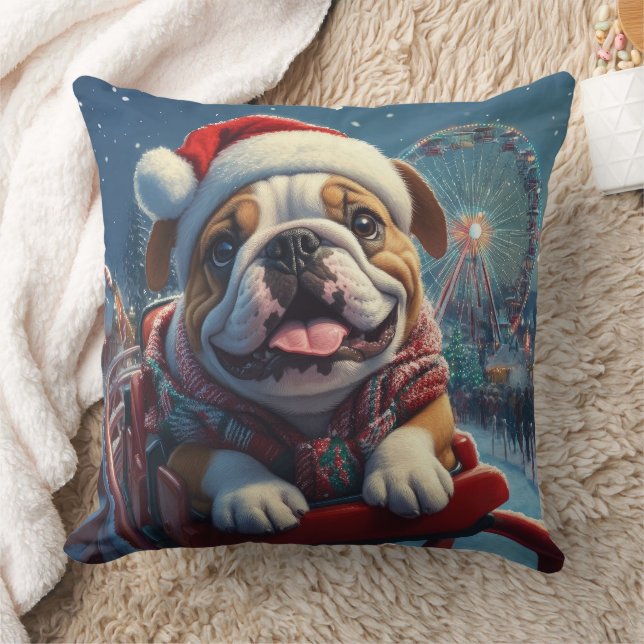 Bulldog Roller Coaster Christmas Throw Pillow (Blanket)