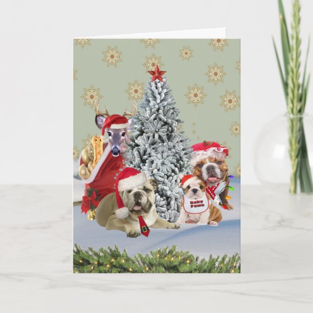 Bulldog Santa Family Around The Christmas Tree Holiday Card (Front)