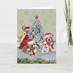 Bulldog Santa Family Around The Christmas Tree Holiday Card