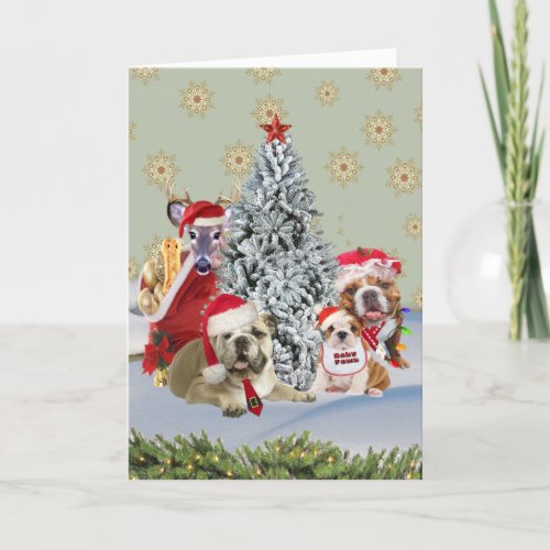 Bulldog Santa Family Around The Christmas Tree Holiday Card