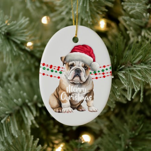 Bulldog Santa Hat Holiday Beads Ceramic Ornament