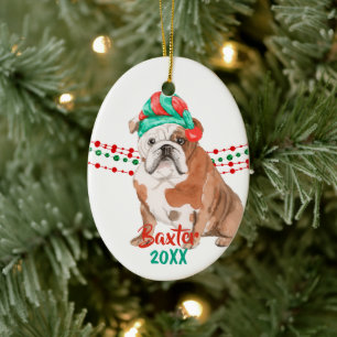 Bulldog Santa Hat Holiday String Beads Ceramic Ornament
