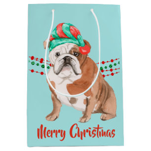 Bulldog Santa Hat Holiday String Beads Medium Gift Bag