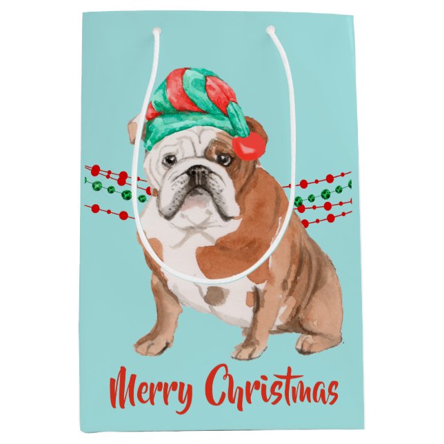 Bulldog Santa Hat Holiday String Beads Medium Gift Bag (Front)