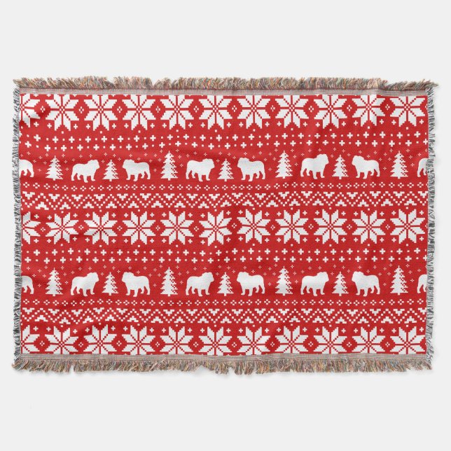 Bulldog Silhouettes Christmas Holiday Pattern Red Throw Blanket (Front)