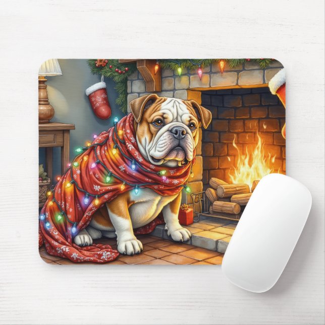 Bulldog Sitting by Fireplace with Christmas Lights Mouse Pad (With Mouse)