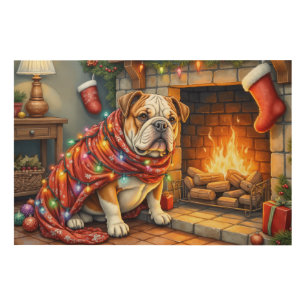 Bulldog Sitting by Fireplace with Christmas Lights Wood Wall Art