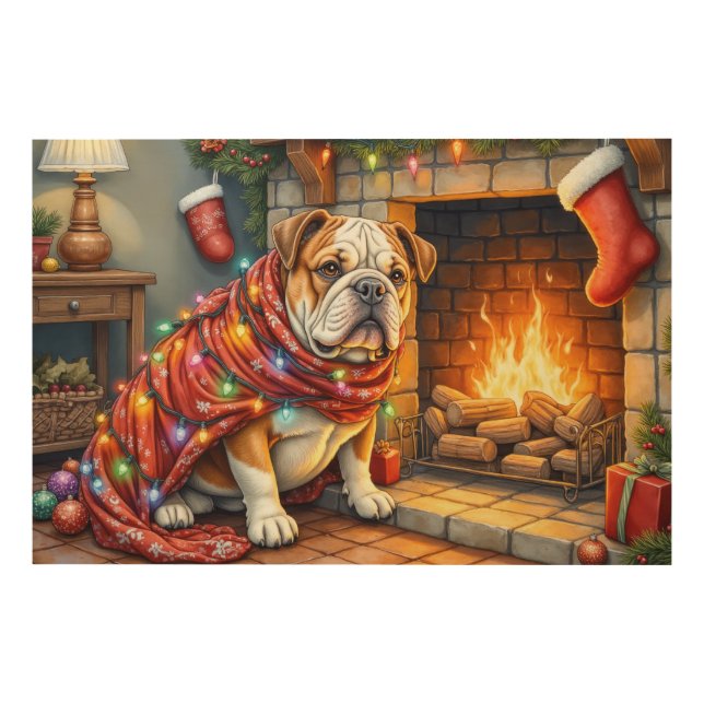 Bulldog Sitting by Fireplace with Christmas Lights Wood Wall Art (Front)