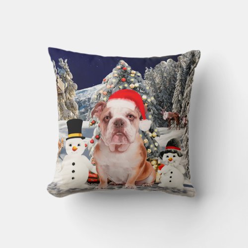 Bulldog Sitting in snow with Christmas Santa Hat Throw Pillow