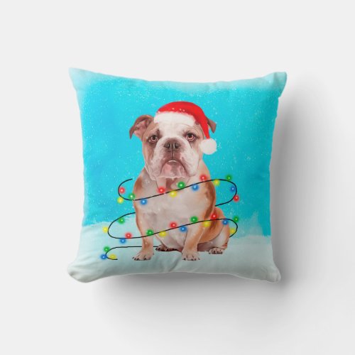Bulldog Sitting in snow with Lights Christmas Hat Throw Pillow