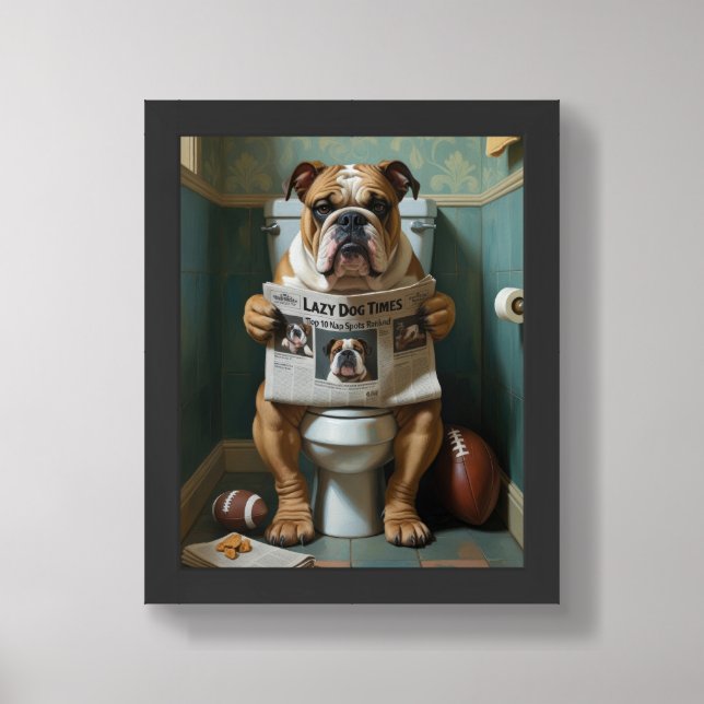 Bulldog Sitting On Toilet Funny  Framed Art (Framed Front)