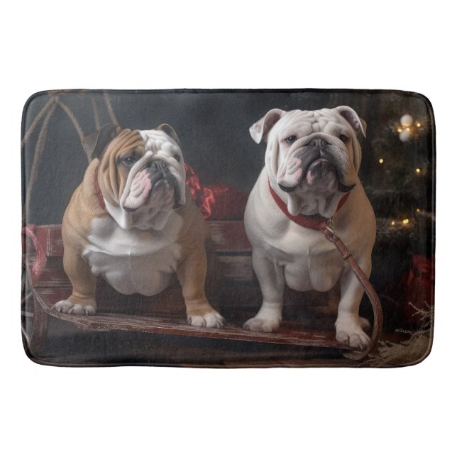 Bulldog Snowy Sleigh Christmas Decor Bath Mat (Front)