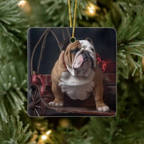 Bulldog Snowy Sleigh Christmas Decor Ceramic Ornament