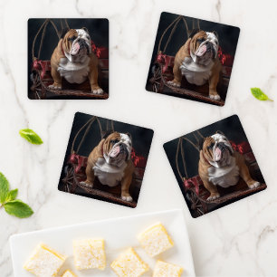 Bulldog Snowy Sleigh Christmas Decor Coaster Set