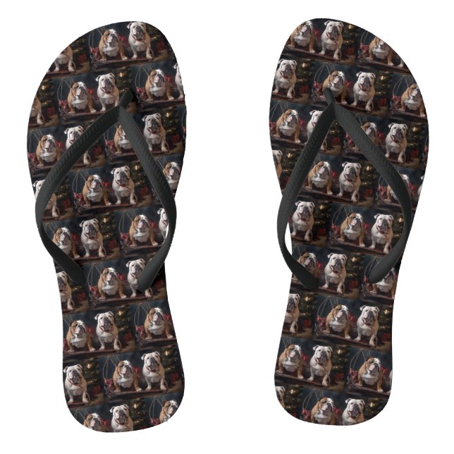 Bulldog Snowy Sleigh Christmas Decor Flip Flops (Footbed)