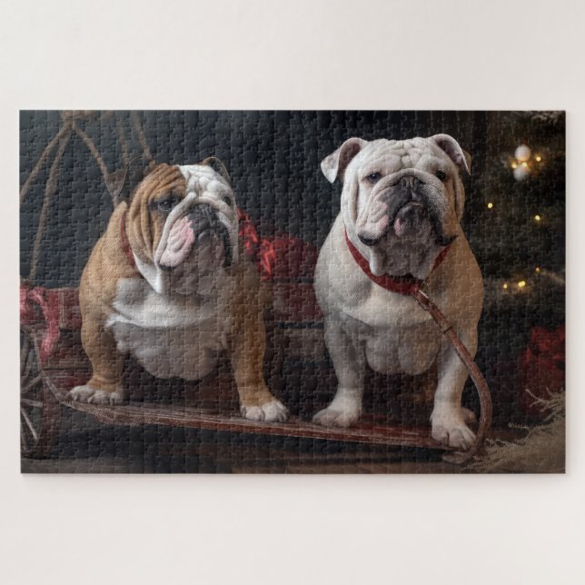 Bulldog Snowy Sleigh Christmas Decor Jigsaw Puzzle (Horizontal)
